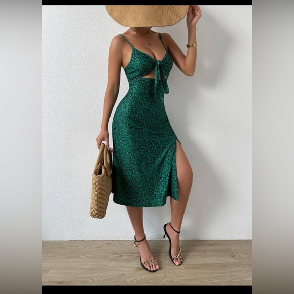 SHEIN VCAY Size L Tie Front Leopard High Split Cami Dress - Picture 5 of 8